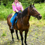 Girl in pink jumper on brown horse in County Antrim
