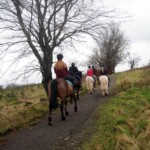 Group of horse riders walking up hill on a trail in County Antrim