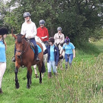 Horse riders in line on grass trail in County Antrim